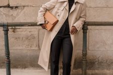 a refined winter to spring look with a black turtleneck, jeans and Mary Jane shoes, a tan trench and a beige bag