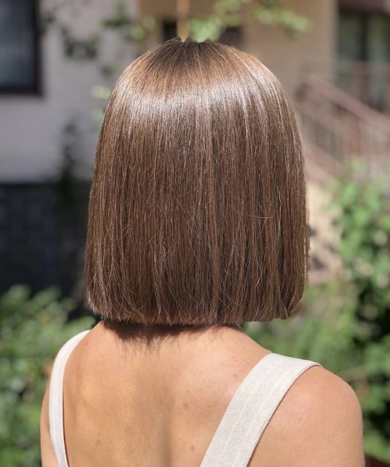 a shiny light brown to caramel bob with straight hair is a gorgeous idea that always looks stylish
