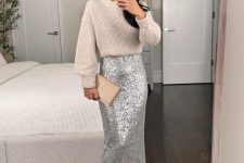 a shiny pre-wedding party look with a neutral jumper, a silver sequin maxi, silver shoes and a nude clutch