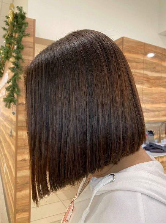 a straight chocolate brown mid bob is a stylish idea to rock, it's a classic cut with a classic color combined