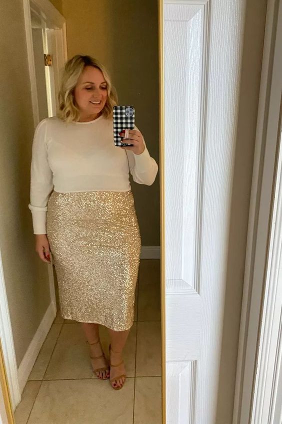 a white long sleeve top, a gold sequin midi skirt, nude shoes will do for any holiday or pre-wedding party