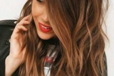 amazing long ombre hair from dark brunette, almost black, to chestnut and copper plus layers and waves