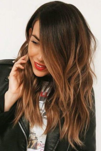 amazing long ombre hair from dark brunette, almost black, to chestnut and copper plus layers and waves