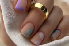 bright short square nails done in matte nude and with pastel patterns are amazing for spring and summer