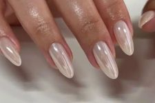 delicate soft neutral chrome nails, long and of an almond shape, will be a gorgeous solution for a a neutral and refined look