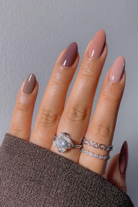 long almond nais styled in fall colors, dusty pink, mauve, purple brown and taupe are adorable