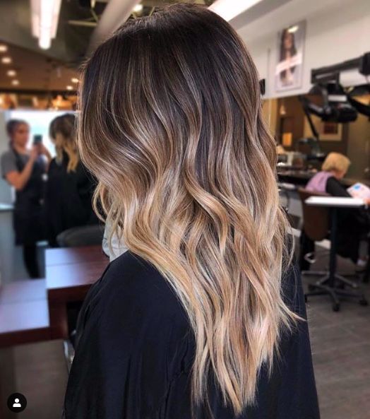 long ombre hair from dark brunette to caramel and golden blonde, with layers and waves is wow