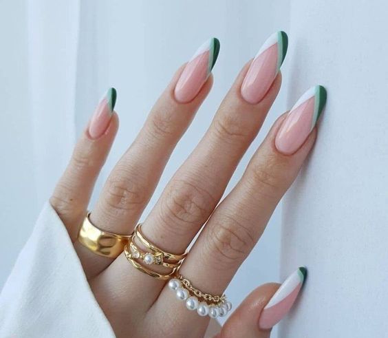 lovely and catchy modern French nails in blush, white and mint and emerald will do for spring and summer