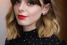 medium-length hair from brown to bronde, with waves and bottleneck bangs is a stylish idea
