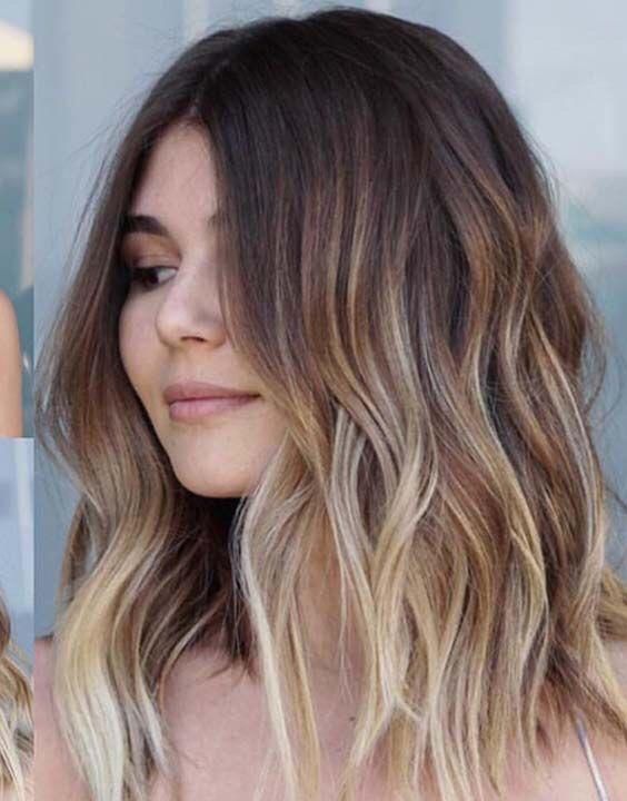 medium-length hair from chocolate brown to blonde and with messy waves is a stylish idea