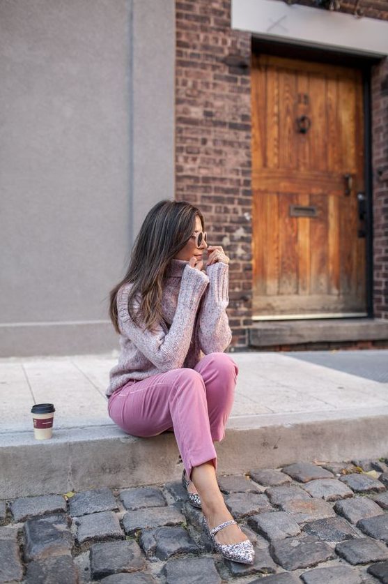 pink velvet pants, a turtleneck sweater, printed Mary Jane flats for a romantic fall look