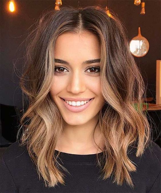 pretty medium length dark wavy hair with face-framing hair and chestnut ombre is a cool and catchy idea