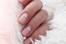 short glossy nude nails with silver stripes – metallic touches are very popular now