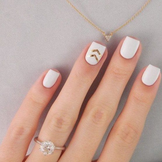 short square matte white nails with gold chevron accents are amazing for spring and summer, they look cool