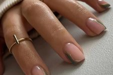 stylish short square nails in nude, with green patterns and gold waves are amazing for spring and summer