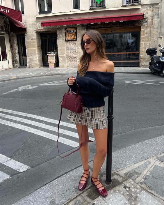 a lovely outfit with off the shoulder sweater