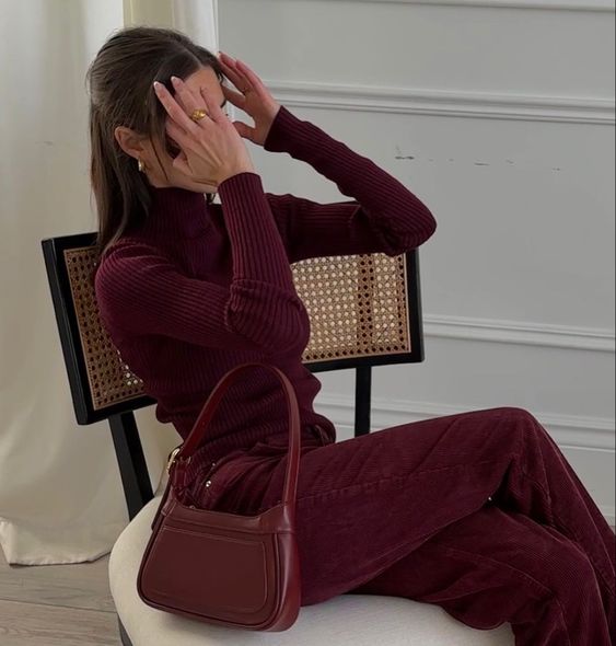 a cherry red look with a turtleneck, velvet pants and a baguette bag is awesome for the fall and winter