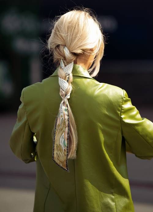 a long messy braid with a printed scarf interwoven is a lovely and stylish idea to rock anytime