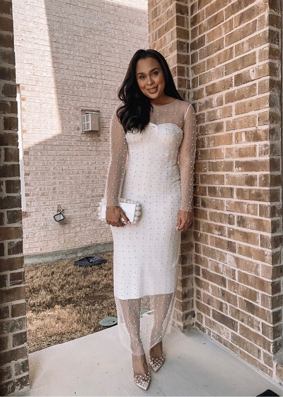 a strapless midi dress and a sheer pearl dress on top, pearl shoes and a small bag with pearls for a spring bridal shower
