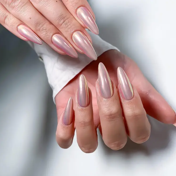 adorable nude chrome long nails are amazing for any season and any look, they will easily match any outfit
