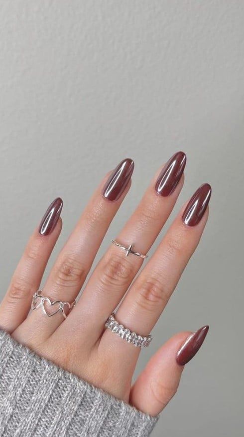 long chrome brown nails are a cool solution if you want glazed donut nails but don't feel like usual blush and nude shades