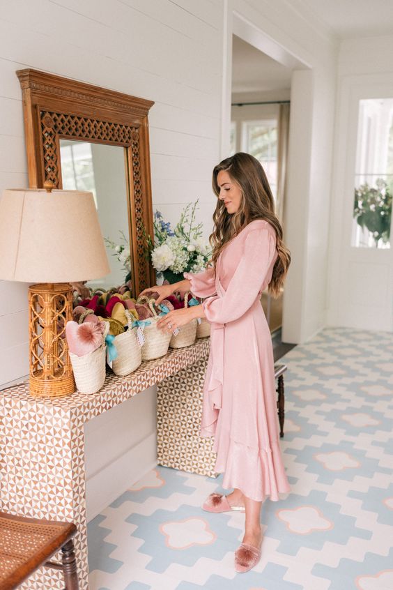 a blush wrap midi dress and blush slippers with fur are a simple and cute combo for Easter
