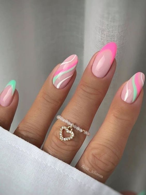 a bright spring or summer manicure in blush, neon pink and green plus white is adorable and super chic
