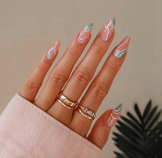 a bright spring wedding manicure with sage green and white waves is amazing for a bright spring wedding