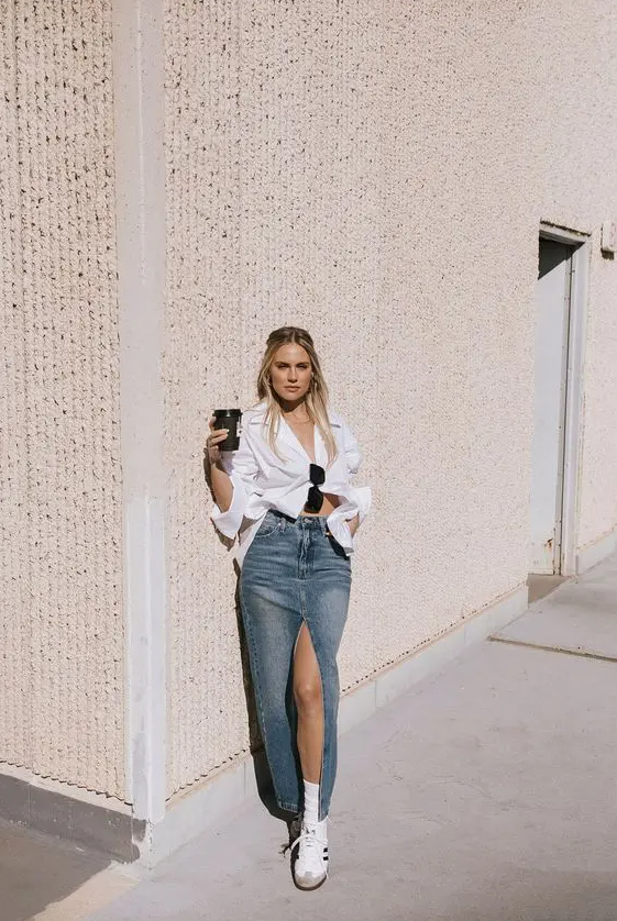 a classy spring look with a white button down, a blue denim maxi, sneakers and socks are all you need for spring