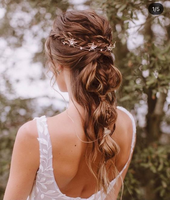 a gorgeous usual plus bubble braid with a bump on top, a braided halo and a celestial hair vine is amazing for a wedding