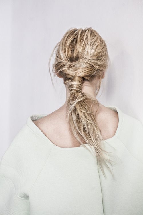 a messy twisted low ponytail plus a messy top is a cool way to style long or medium hair really fast