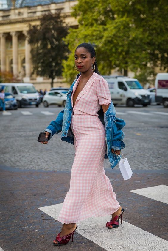 a pink checked maxi dress, a blue denim jacket, bold heeled mules is great for spring and Easter