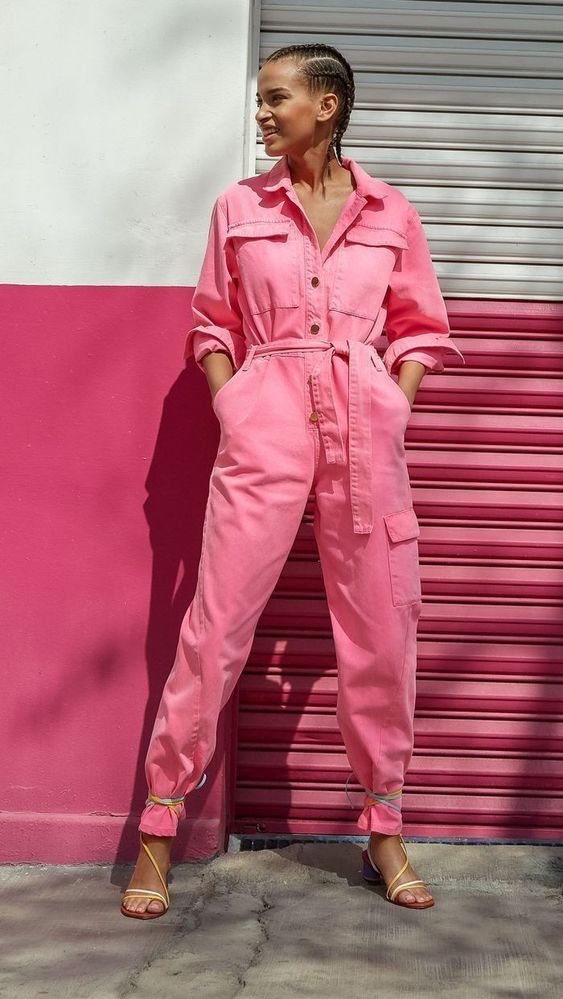a pink jumpsuit with a sash and lace up shoes are all you need to look ultimate at Easter