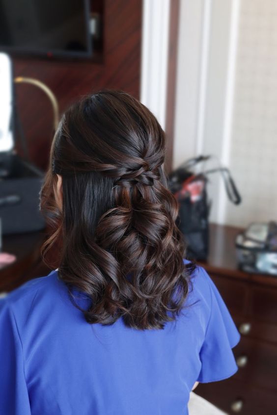 a pretty and chic wedding half updo with a sleek top, a braided touch and curls down is a great idea for both long and medium hair