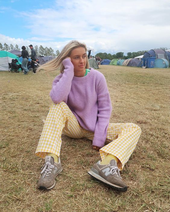 a spring or Easter look with a lilac jumper, yellow checked pants and grey New Balance trainers