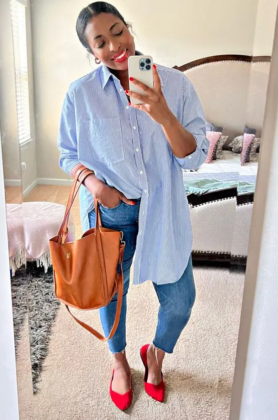 an oversized blue striped shirt, blue skinnies, red shoes and an amber tote plus red lipstick for spring