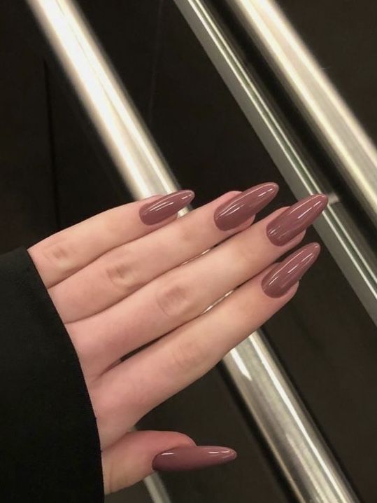 extra long brown almond-shaped nails are a cool and refined idea for Old Money looksif you want something different than nudes