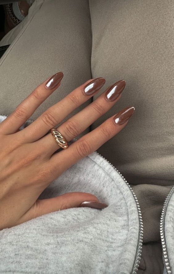 metallic long almond brown nails are a super chic and elegant idea, and this is a more modern version of brown nails