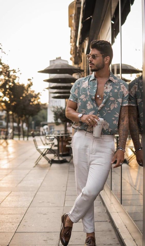 a men’s look for a summer wedding with a floral shirt