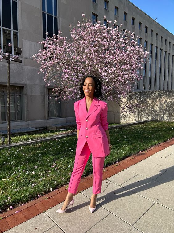 a bold hot pink pantsuit with an oversized blazer and cropped pants, blush shoes are a lovely outfit that is suitable for graduation and work