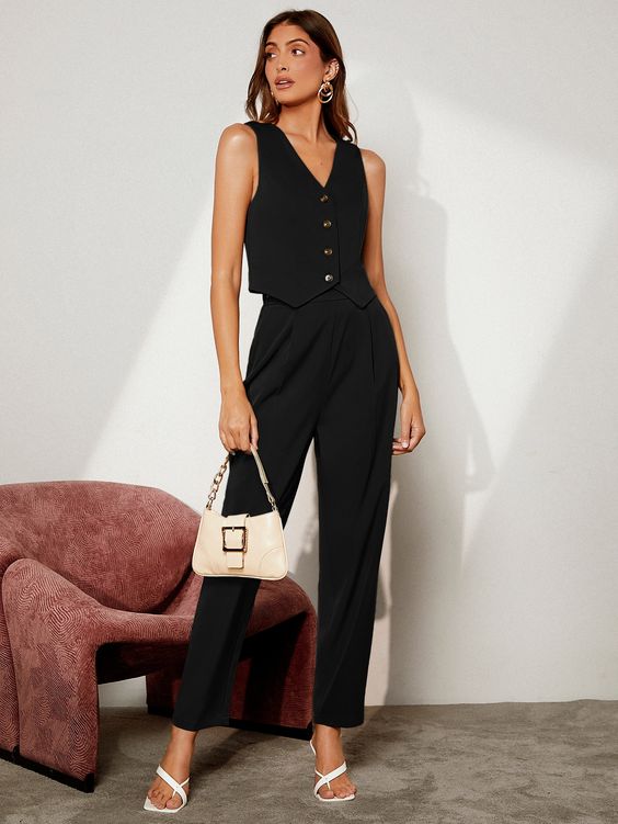 a classy look with a black suit, pants and a vest, white shoes and a small baguette bag plus statement earrings