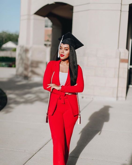 a hot red pantsuit with a white top is a super cool and catchy look for graduation, you will definitely stand out in it