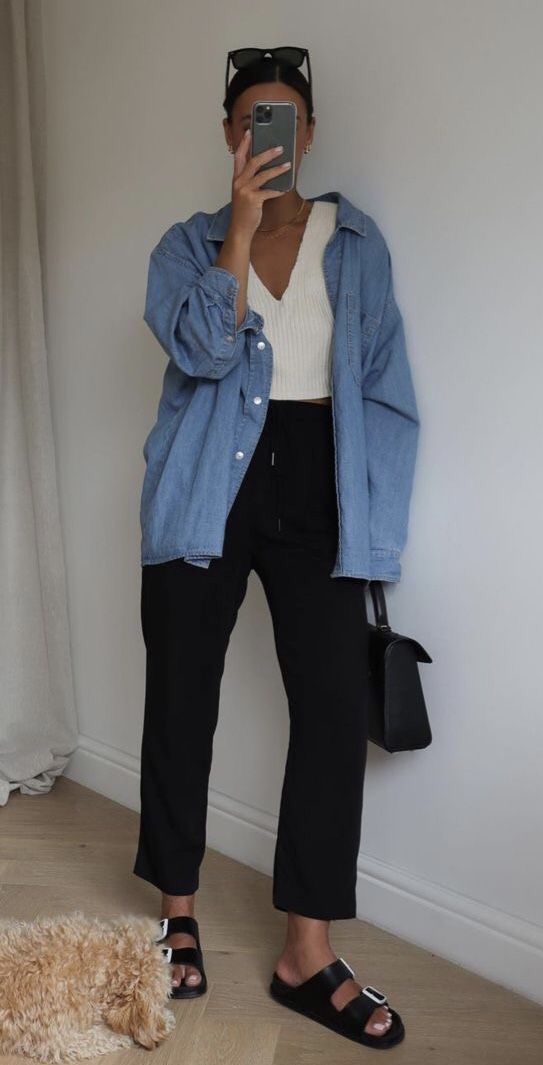 a spring to summer look with a white top, black cropped trousers, black birkenstocks, a black bag is comfy