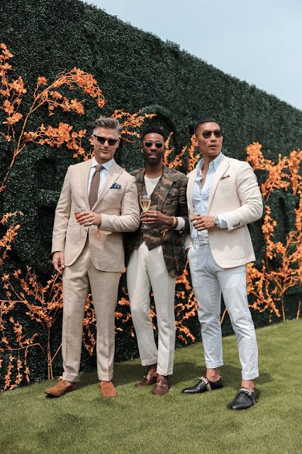 a tan suit, white pants with a printed blazer and vest, a creamy blazer, neutral pants and a button down are great for summer and beach