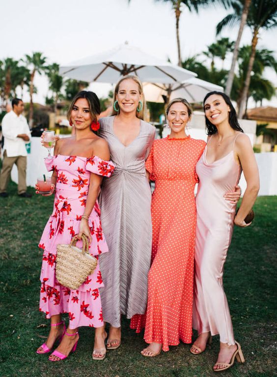 beach guest dresses, pink, silver, coral and blush ones, with prints and without are a cool example of what you may try for a beach celebration
