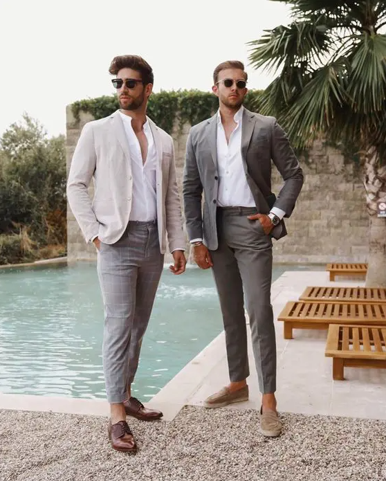 chic beach wedding guest looks with pants and blazers, white shirts, loafers and shoes are great