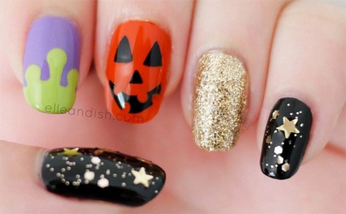 black, gold, purple and rust nails with a biit of art for Halloween are a bold and catchy solution
