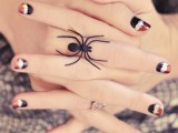 rust, white and black nails inspired by spiders are a very creative idea for Halloween