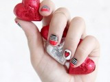 Bright DIY Valentine’s Day Stripes And Hearts Nail Art