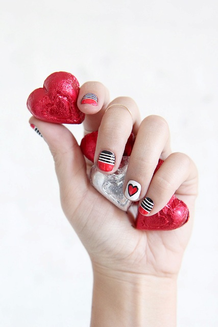 Bright DIY Valentine’s Day Stripes And Hearts Nail Art